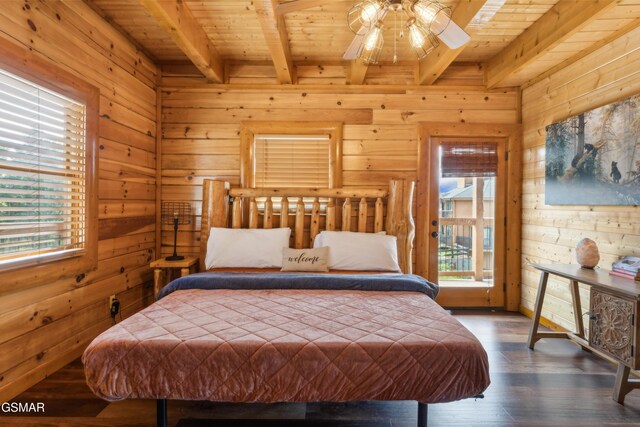 2083 Kerr Rd, Sevierville, TN 37876 - bedroom featuring wood ceiling, beamed ceiling, wooden walls, wood finished floors, and access to outside