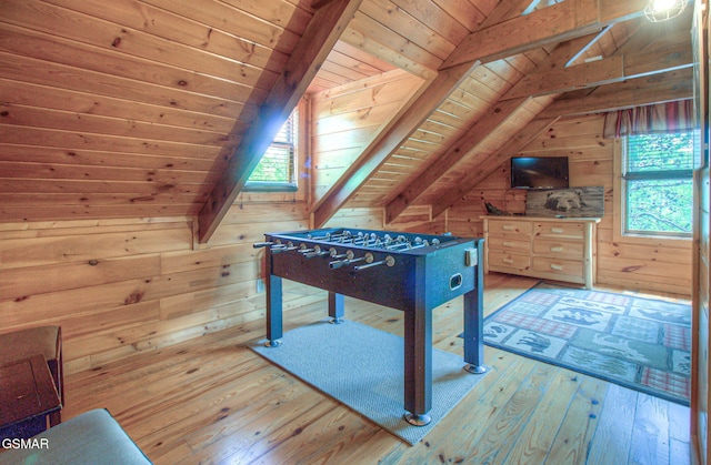 3529 Peggy Ln, Pigeon Forge, TN 37863 - rec room with wood ceiling, wood walls, and hardwood / wood-style floors