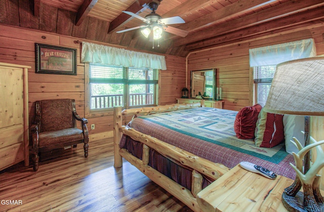 3529 Peggy Ln, Pigeon Forge, TN 37863 - bedroom featuring wood walls, wood finished floors, wooden ceiling, and a ceiling fan