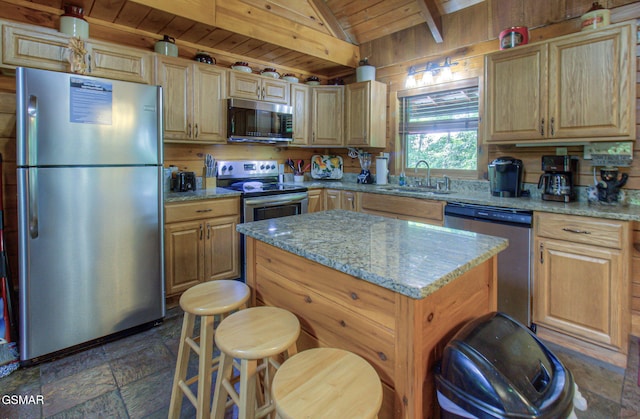 3529 Peggy Ln, Pigeon Forge, TN 37863 - kitchen featuring appliances with stainless steel finishes, wooden ceiling, a sink, dark stone finish floors, and a center island
