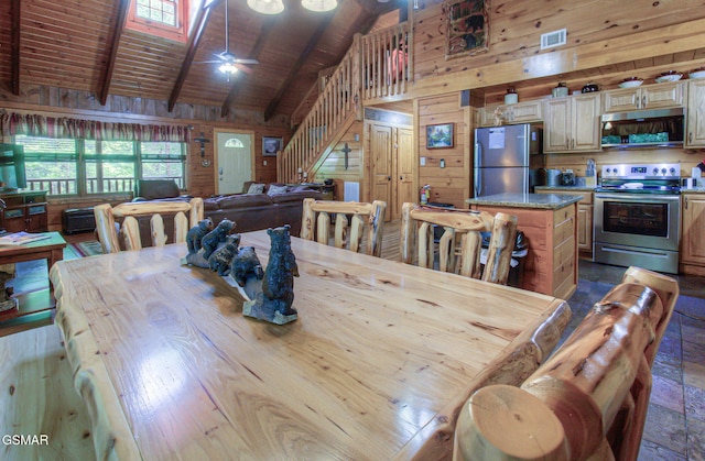 3529 Peggy Ln, Pigeon Forge, TN 37863 - dining area featuring wood walls, a ceiling fan, high vaulted ceiling, stairway, and wood ceiling with exposed beams