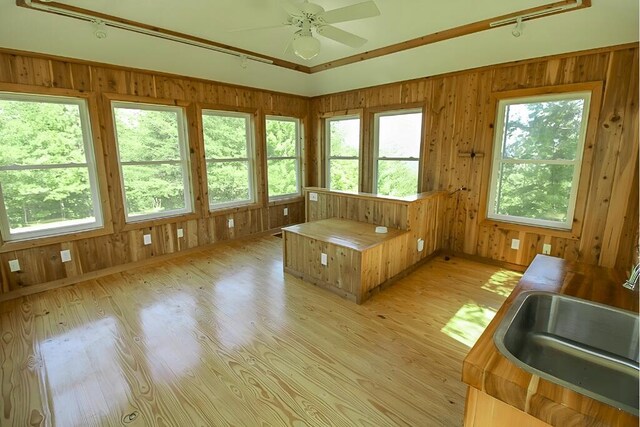 unfurnished sunroom featuring a sink and a ceiling fan