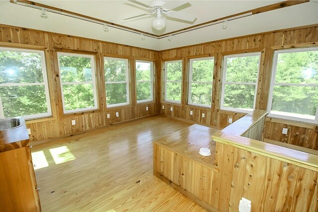 unfurnished sunroom with plenty of natural light and a ceiling fan