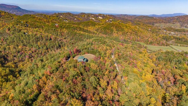 drone / aerial view with a mountain view and a forest view