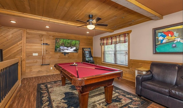 1106 Anastasia Way, Gatlinburg, TN 37738 - playroom featuring wood walls, wood finished floors, a wood ceiling with exposed beams, pool table, and ceiling fan