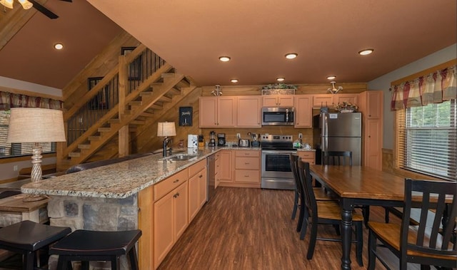 1106 Anastasia Way, Gatlinburg, TN 37738 - kitchen featuring stainless steel appliances, a peninsula, dark wood finished floors, light stone countertops, and recessed lighting