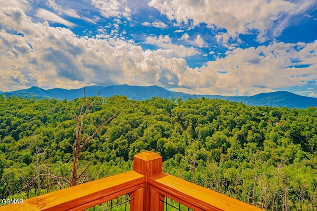 mountain view featuring a forest view