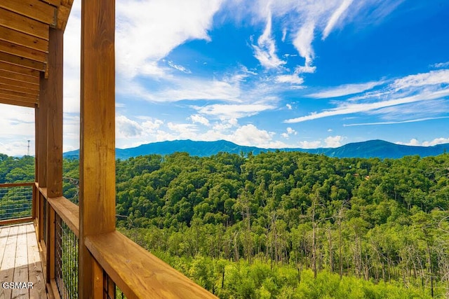 view of mountain feature with a wooded view