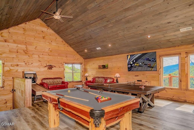 recreation room with ceiling fan, wood finished floors, wood ceiling, and wood walls
