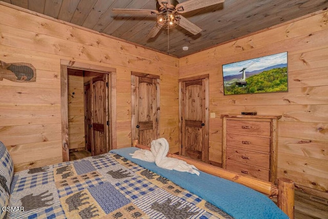 unfurnished bedroom with wood ceiling, wooden walls, and visible vents
