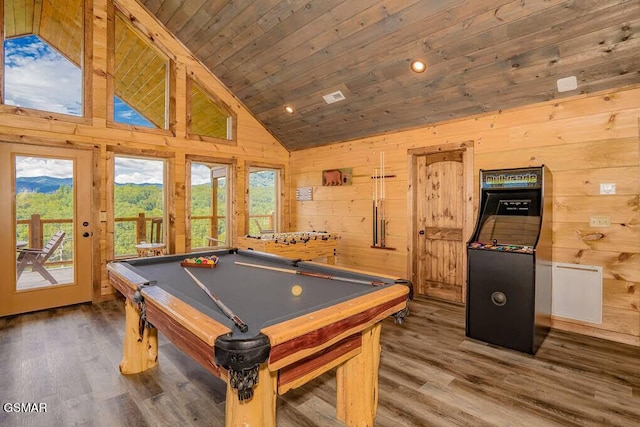 playroom with high vaulted ceiling, wood walls, wood finished floors, pool table, and wood ceiling