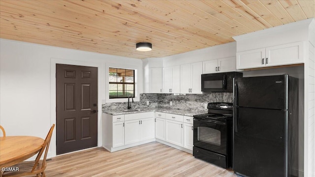1204 Piney Mountain Rd, Newport, TN 37821 - kitchen featuring black appliances, wooden ceiling, white cabinetry, decorative backsplash, and light stone countertops