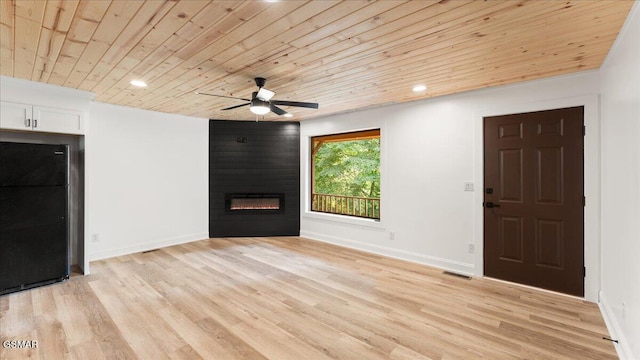 1204 Piney Mountain Rd, Newport, TN 37821 - unfurnished living room featuring wooden ceiling, ceiling fan, a large fireplace, light wood-style floors, and recessed lighting