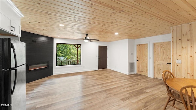 1204 Piney Mountain Rd, Newport, TN 37821 - dining room featuring wooden ceiling, a large fireplace, light wood-type flooring, ceiling fan, and recessed lighting