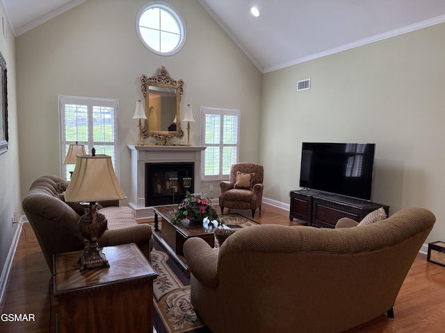 915 Fine Glen Dr, Sevierville, TN 37862 - living room featuring high vaulted ceiling, wood finished floors, a glass covered fireplace, baseboards, and crown molding