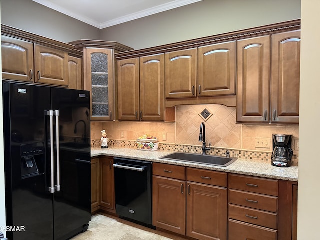 915 Fine Glen Dr, Sevierville, TN 37862 - kitchen with black appliances, a sink, glass insert cabinets, backsplash, and ornamental molding