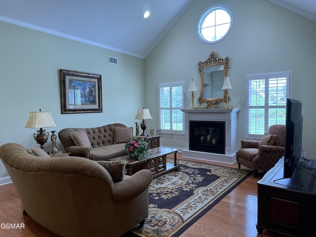 915 Fine Glen Dr, Sevierville, TN 37862 - living room with plenty of natural light, high vaulted ceiling, wood finished floors, ornamental molding, and a glass covered fireplace