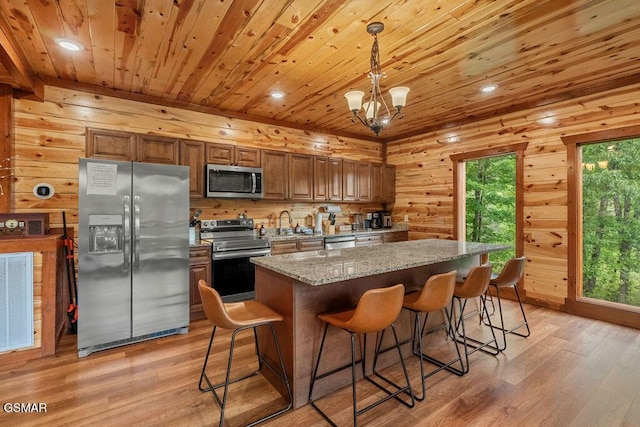 2864 Owens Ridge Way, Sevierville, TN 37876 - kitchen featuring stainless steel appliances, wooden ceiling, light wood-style floors, a breakfast bar area, and a center island