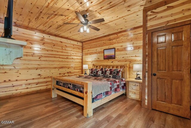 2864 Owens Ridge Way, Sevierville, TN 37876 - bedroom with wooden ceiling, wood finished floors, wooden walls, and ceiling fan