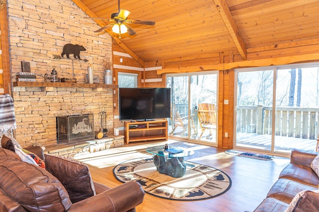 living room with hardwood / wood-style flooring, wood ceiling, beamed ceiling, and high vaulted ceiling