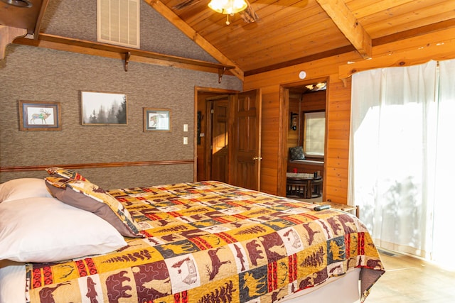 bedroom with vaulted ceiling and wooden ceiling