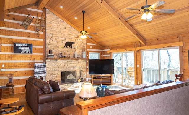 living room featuring wood walls, wooden ceiling, high vaulted ceiling, ceiling fan, and a fireplace