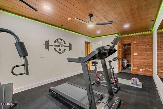 4822 White Pine Way, Sevierville, TN 37876 - exercise room featuring wood ceiling, a ceiling fan, wooden walls, and recessed lighting