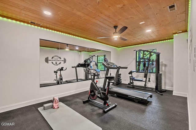 4822 White Pine Way, Sevierville, TN 37876 - exercise room featuring wood ceiling, a ceiling fan, and recessed lighting