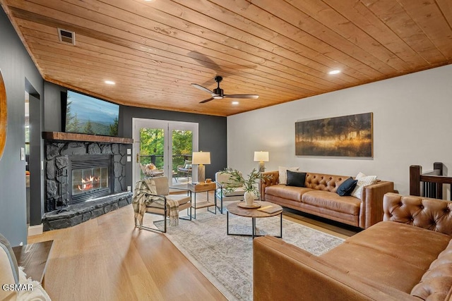 4822 White Pine Way, Sevierville, TN 37876 - living room with wood ceiling, a stone fireplace, ceiling fan, wood finished floors, and recessed lighting