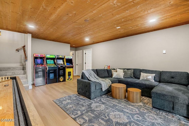 4822 White Pine Way, Sevierville, TN 37876 - living area featuring wood finished floors, wooden ceiling, stairway, and recessed lighting