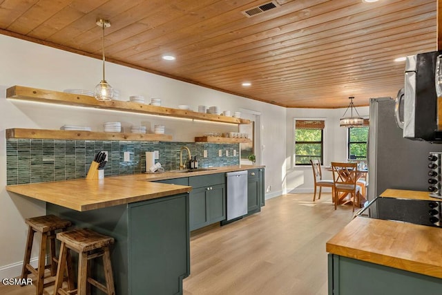 4822 White Pine Way, Sevierville, TN 37876 - indoor bar with wood ceiling, stainless steel appliances, decorative backsplash, hanging light fixtures, and light wood-style flooring