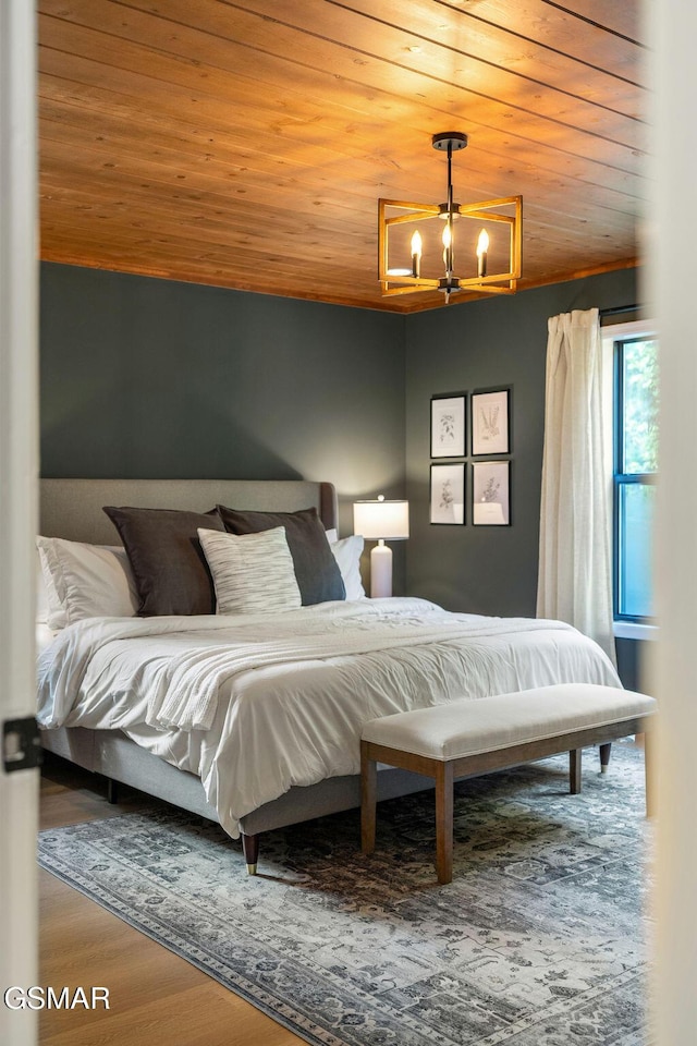 4822 White Pine Way, Sevierville, TN 37876 - bedroom with a chandelier, wood ceiling, and wood finished floors