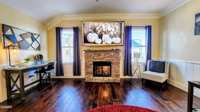 living area featuring a healthy amount of sunlight, a stone fireplace, and dark hardwood / wood-style floors