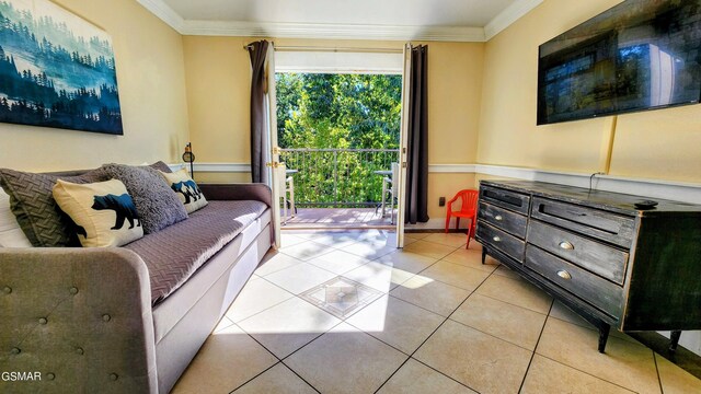 tiled living room featuring crown molding