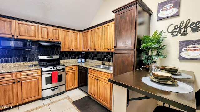 kitchen with lofted ceiling, sink, decorative backsplash, exhaust hood, and black appliances