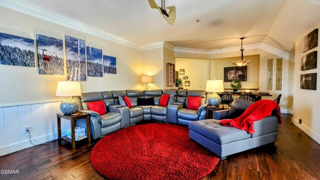 living room featuring crown molding and dark hardwood / wood-style floors