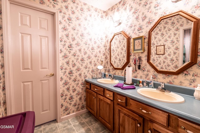 3012 Roaring Creek Way, Sevierville, TN 37862 - bathroom featuring tile patterned floors, double vanity, and wallpapered walls