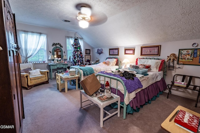 3012 Roaring Creek Way, Sevierville, TN 37862 - carpeted bedroom featuring a textured ceiling, lofted ceiling, and ceiling fan