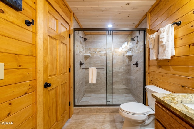 bathroom with toilet, wooden ceiling, a shower with door, and wooden walls