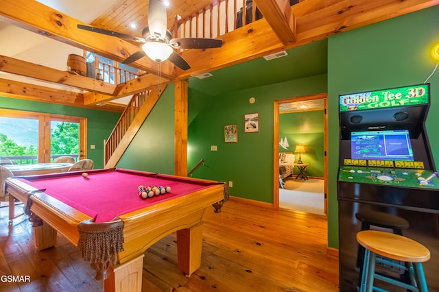 playroom with wood-type flooring, vaulted ceiling, ceiling fan, and billiards