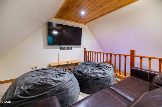 living room with carpet flooring, vaulted ceiling, and wooden ceiling