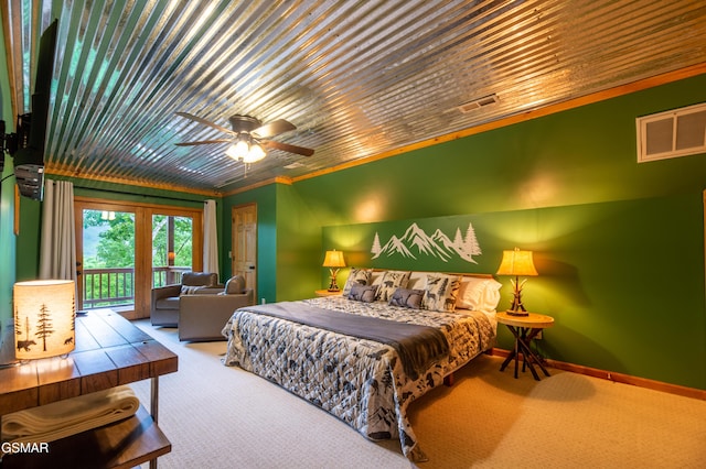 carpeted bedroom with access to outside, ceiling fan, wood ceiling, and ornamental molding