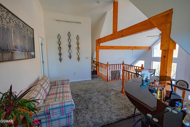 bedroom featuring beamed ceiling, carpet flooring, and high vaulted ceiling