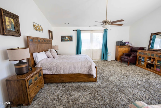 bedroom featuring ceiling fan, carpet, and lofted ceiling