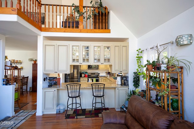 bar with high vaulted ceiling, dark wood-type flooring, light stone counters, and stainless steel appliances