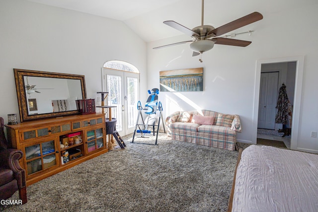 bedroom featuring ceiling fan, lofted ceiling, french doors, and carpet flooring