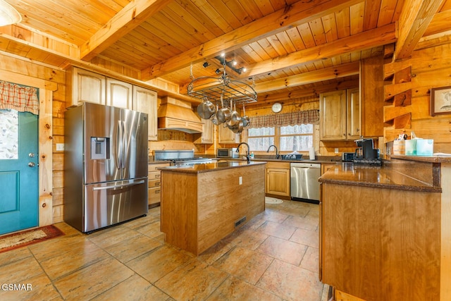 kitchen with stainless steel appliances, wood ceiling, premium range hood, and wood walls