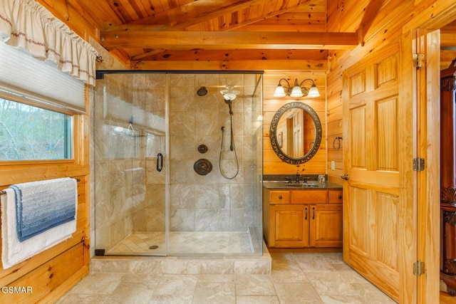 bathroom featuring a stall shower, wooden ceiling, lofted ceiling with beams, and vanity