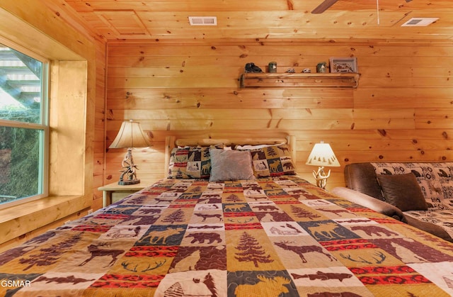 bedroom featuring wood walls and wooden ceiling