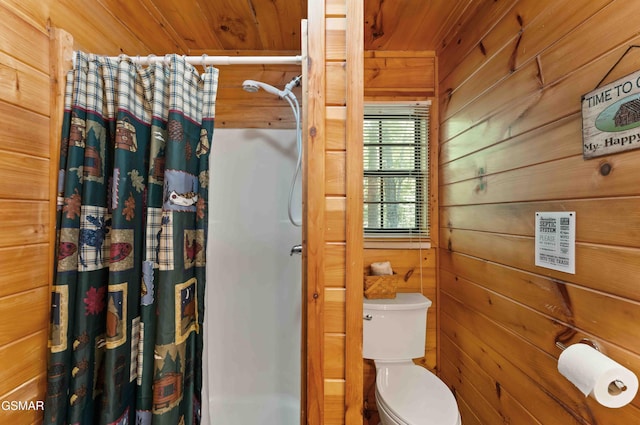 full bath featuring a shower with curtain, wood ceiling, wooden walls, and toilet